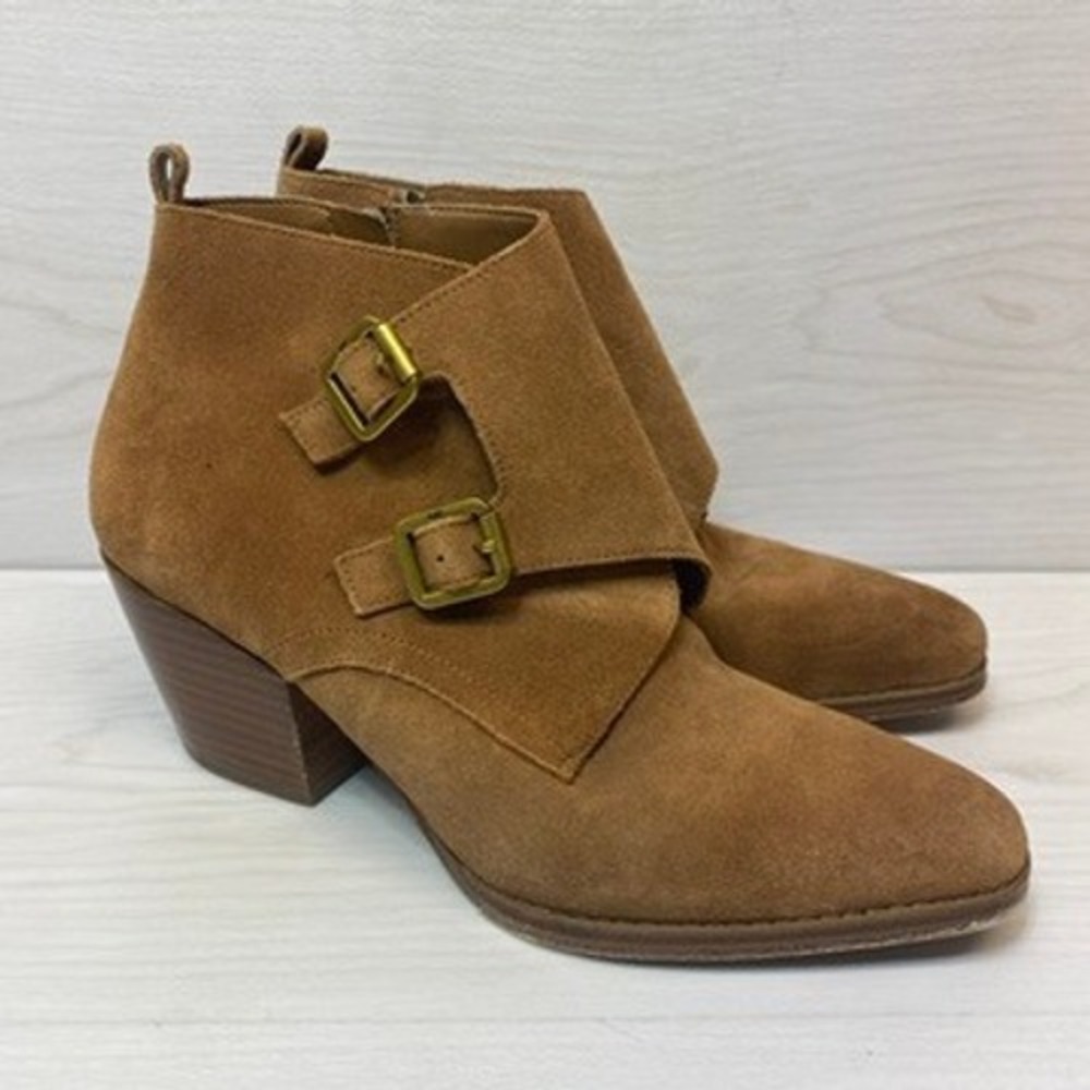 Michael Kors Womens 7.5M Monk Strap Bootie Suede Tan Brown Buckle Ankle Boots